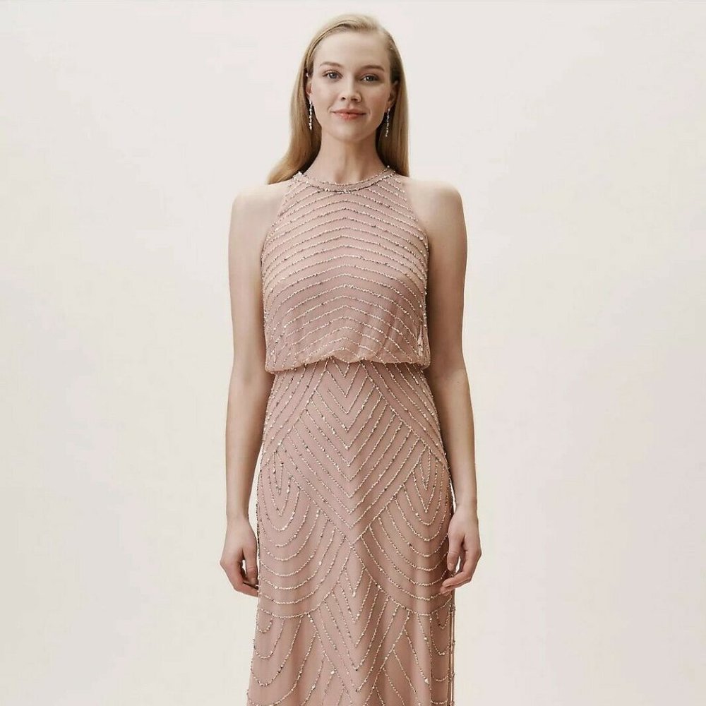 PETITE Adrianna Papell Halter Art Deco Beaded Blouson Dress